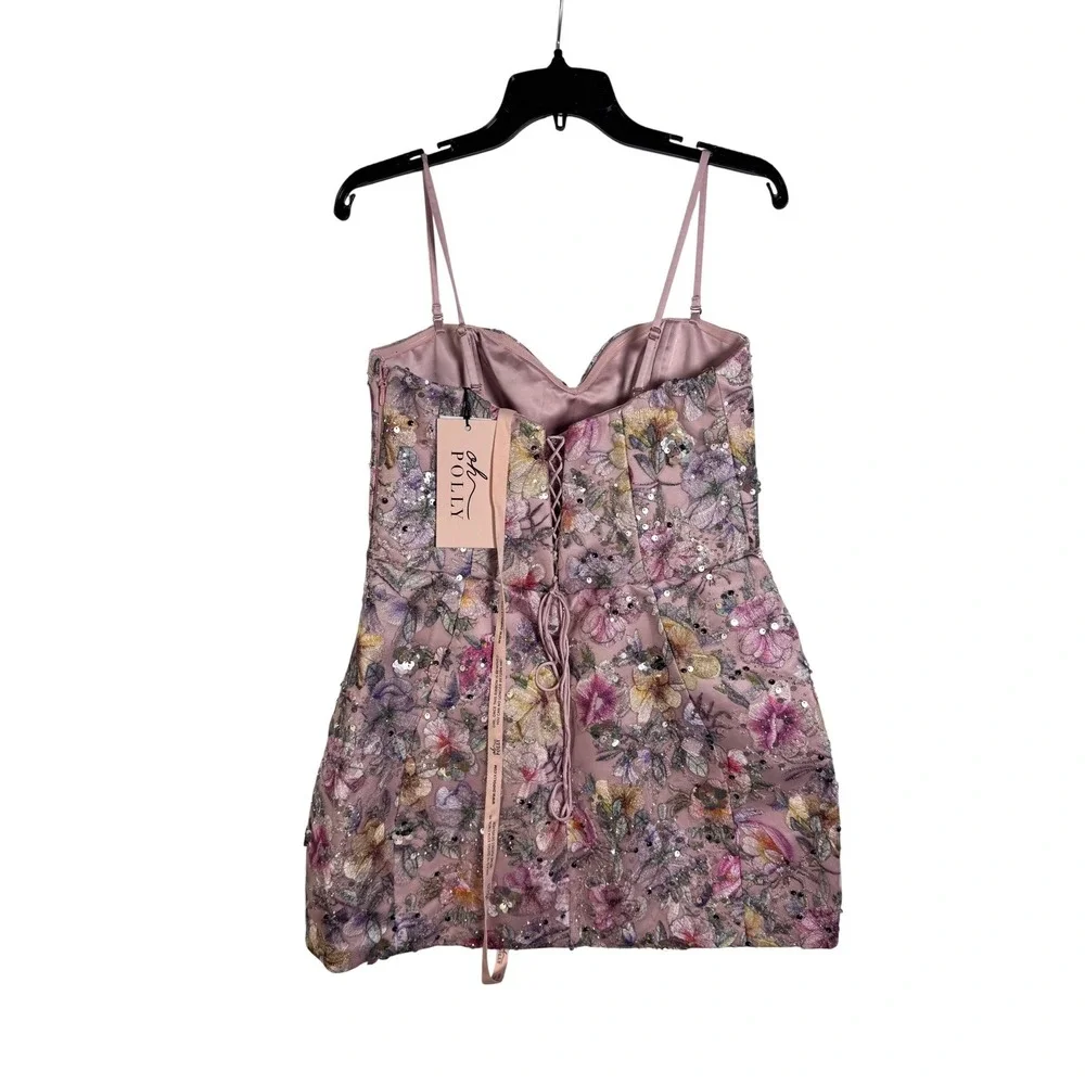 Oh Polly Floral Embroidered Sequin Mini Dress Strapless Lace Up Back Pink US 10 - Picture 5 of 10